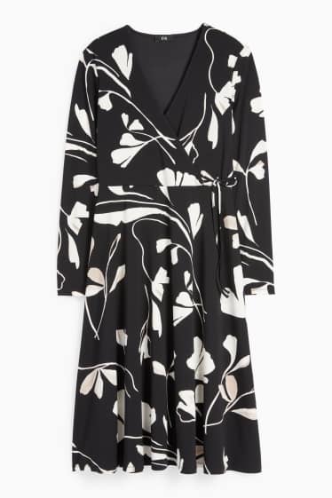Damen - Wickelkleid - geblümt - schwarz / weiß