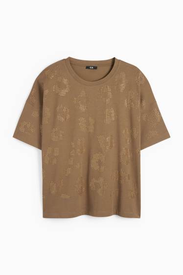 Donna - T-shirt con strass - regular fit - kaki