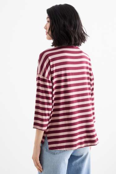 Dames - Basic longsleeve - gestreept - roze / donkerrood