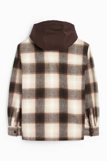Kinder Jungen - Hemdjacke mit Kapuze - kariert - beige / braun