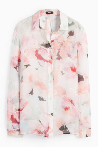 Damen - Hemdbluse - geblümt - weiss / rosa