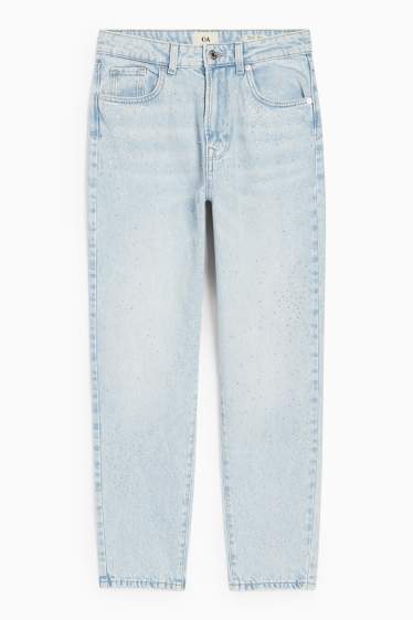 Damen - Mom Jeans mit Strasssteinen - High Waist - helljeansblau