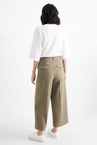 Damen - Stoffhose mit Gürtel - High Waist - Wide Leg - grün