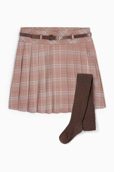 Kinder Mädchen - Set - Rock mit Gürtel und Strumpfhose - 3 teilig - braun