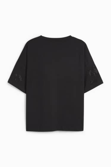 Dames - T-shirt met strass-steentjes - regular fit - zwart