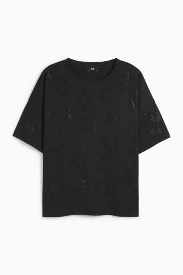 Dames - T-shirt met strass-steentjes - regular fit - zwart