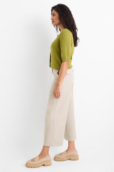 Dámské - Plátěné kalhoty s páskem - high waist - wide leg - béžová
