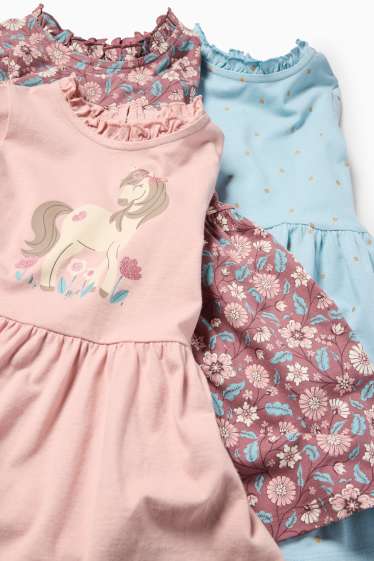 Kinder Mädchen - Multipack 3er - Blume und Pferd - Kleid - dunkelrosa