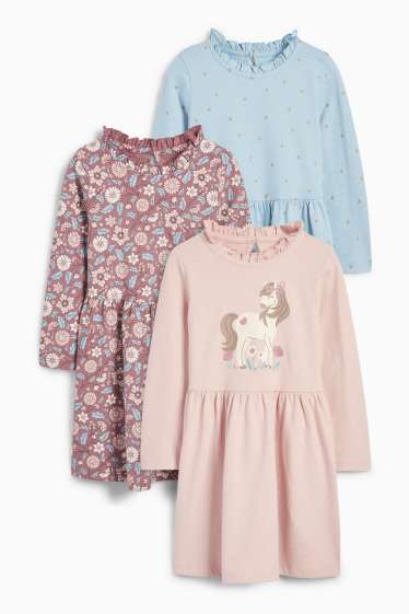 Kinder Mädchen - Multipack 3er - Blume und Pferd - Kleid - dunkelrosa