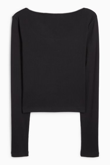 Damen - Crop Langarmshirt - gerippt - schwarz