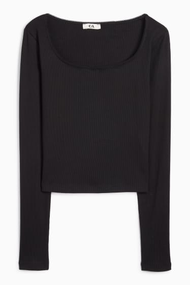 Damen - Crop Langarmshirt - gerippt - schwarz