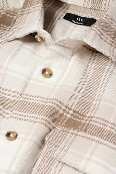 Heren - Flanellen overhemd - relaxed fit - kent - geruit - beige