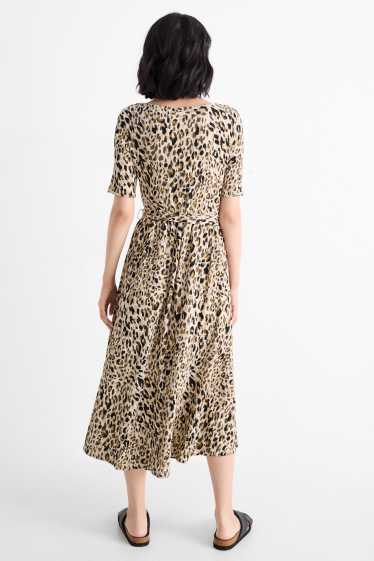 Damen - Fit & Flare Kleid mit Gürtel - Leo-Print - beige