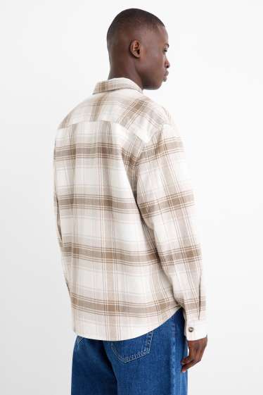 Heren - Flanellen overhemd - relaxed fit - kent - geruit - beige