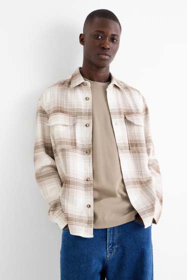 Heren - Flanellen overhemd - relaxed fit - kent - geruit - beige