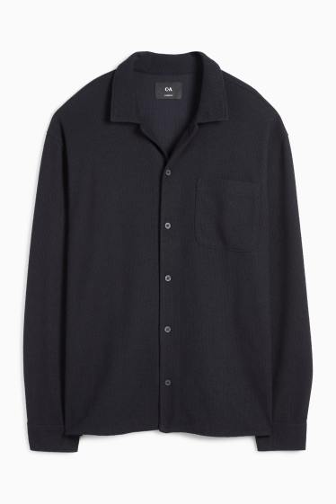 Home - Camisa de punt de mitja - loose fit - coll solapa - acanalada - negre