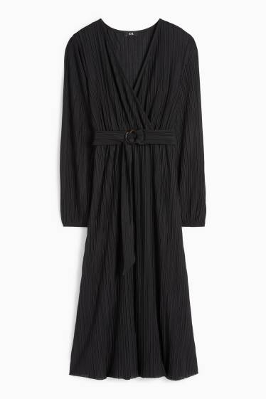 Damen - Plissee-Wickelkleid - schwarz