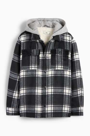 Kinder Jungen - Flanell-Hemdjacke mit Kapuze - kariert - schwarz