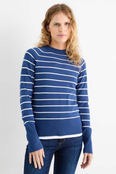 Damen - Feinstrick-Pullover - gestreift - blau / weiss