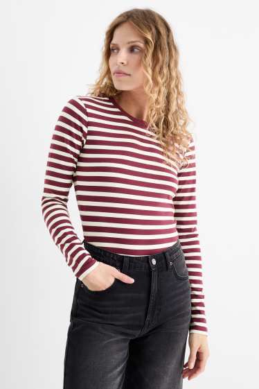 Femmes - Haut basique à manches longues - à rayures - bordeaux / blanc