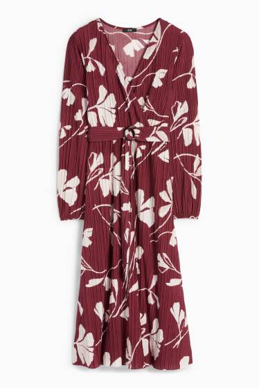 Femei - Rochie petrecută plisată - cu flori - bordo