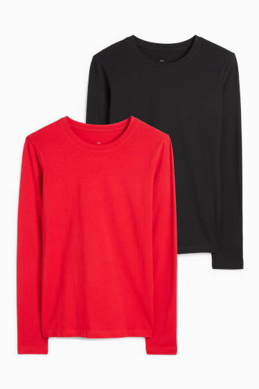 Damen - Multipack 2er - Basic-Langarmshirt - schwarz / rot
