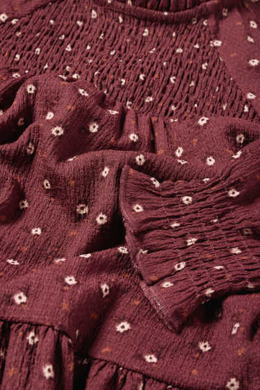 Children Girls - Dress - floral - textured - smocked - dark red