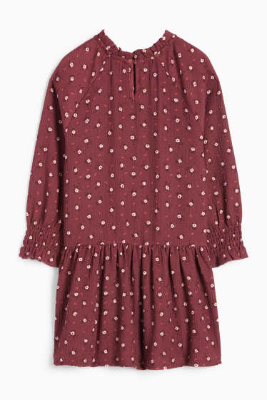 Children Girls - Dress - floral - textured - smocked - dark red