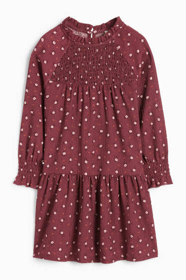Children Girls - Dress - floral - textured - smocked - dark red