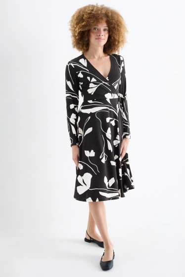 Damen - Wickelkleid - geblümt - schwarz / weiß