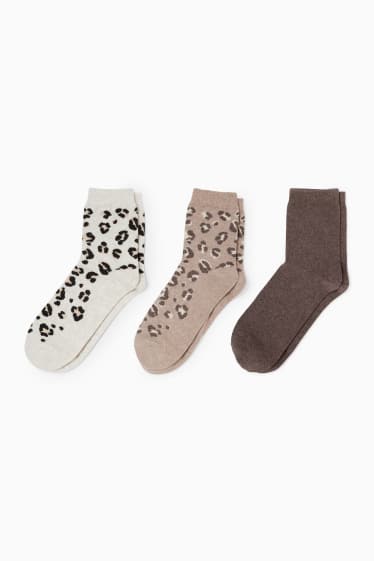 Dámské - Multipack 3 ks - ponožky s motivem - leopardí vzor - hnědá/béžová