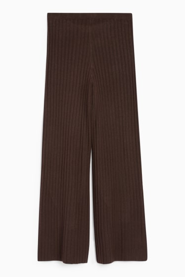 Dámské - Pletené kalhoty - high waist - žebrované - tmavohnědá