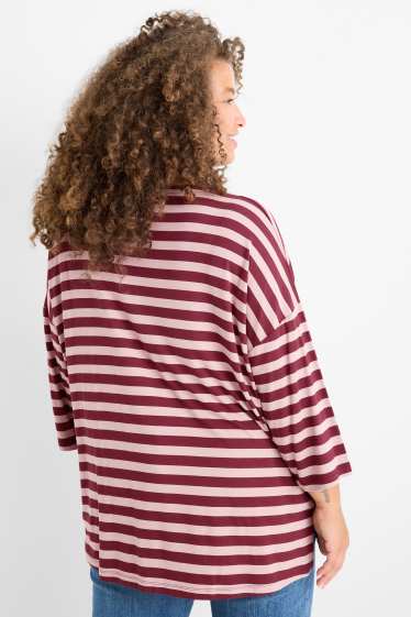 Dames - T-shirt - regular fit - gestreept - roze / donkerrood