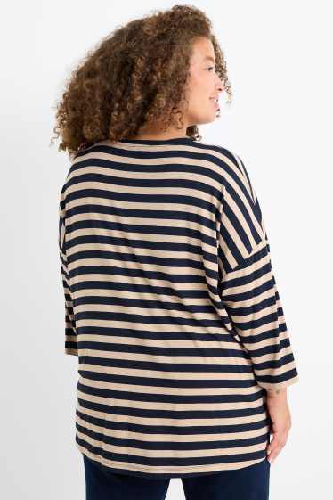 Dames - T-shirt - regular fit - gestreept - blauw / beige