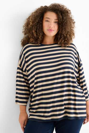 Dames - T-shirt - regular fit - gestreept - blauw / beige