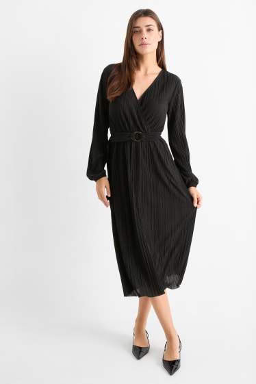 Damen - Plissee-Wickelkleid - schwarz