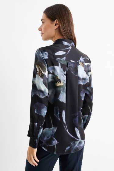 Women - Satin blouse - floral - beige / blue
