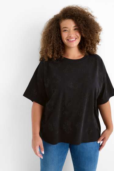 Dames - T-shirt met strass-steentjes - regular fit - zwart