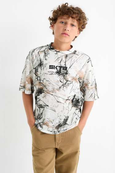 Kinder Buben - Skater - Kurzarmshirt - gemustert - cremeweiß