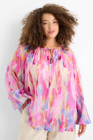 Women - V-neck blouse - patterned - pink