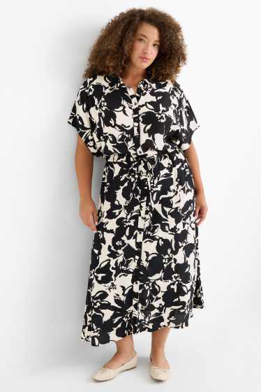 Damen - Viskose-Blusenkleid - geblümt - weiss / schwarz