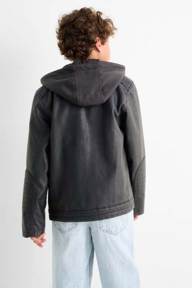 Enfants garçons - Blouson motard à capuche - matière synthétique - noir
