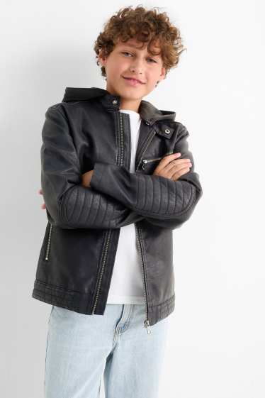 Enfants garçons - Blouson motard à capuche - matière synthétique - noir