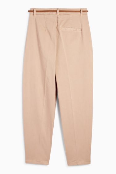 Femei - Pantaloni de stofă cu curea - talie înaltă - barrel leg - bej
