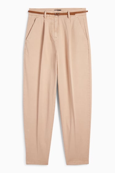 Femei - Pantaloni de stofă cu curea - talie înaltă - barrel leg - bej