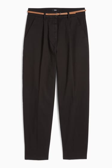 Dámské - Plátěné kalhoty s páskem - high waist - barrel leg - černá
