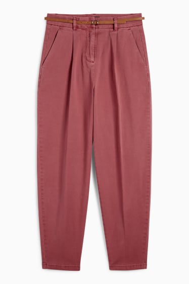 Femei - Pantaloni de stofă cu curea - talie înaltă - barrel leg - bordo