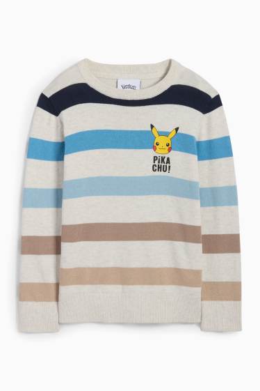 Kinder Buben - Pokémon - Pikachu - Pullover - gestreift - hellgrau