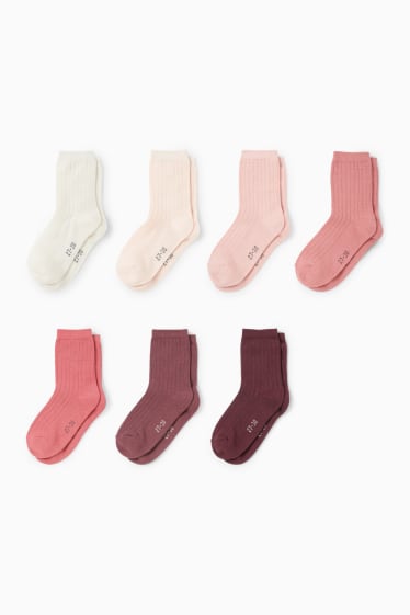 Enfants filles - Lot de 7 paires - chaussettes - finition côtelée - rose
