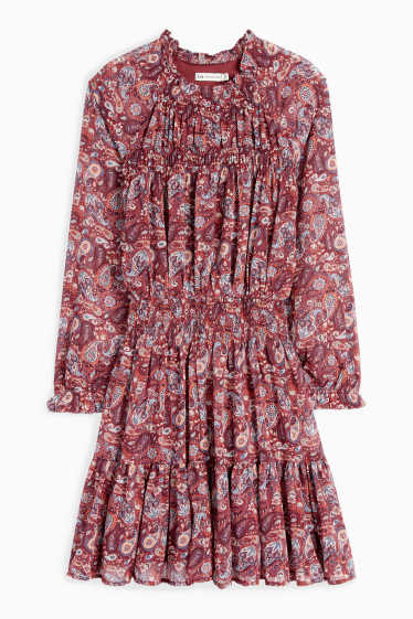 Kinder Mädchen - Kleid - gemustert - gesmokt - bordeaux